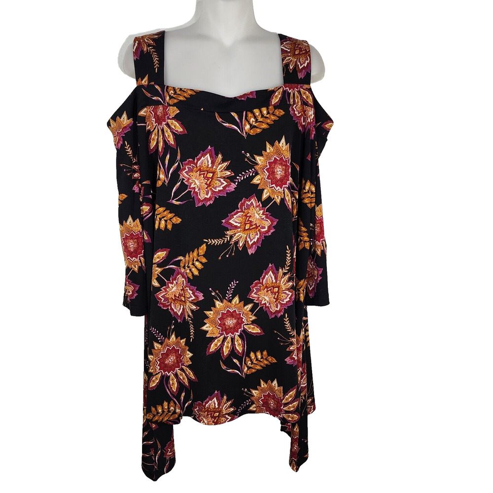 Catherines Top Women Size 2X 22/24W Cold Shoulder Floral Stretch 3/4 Sleeve Knit